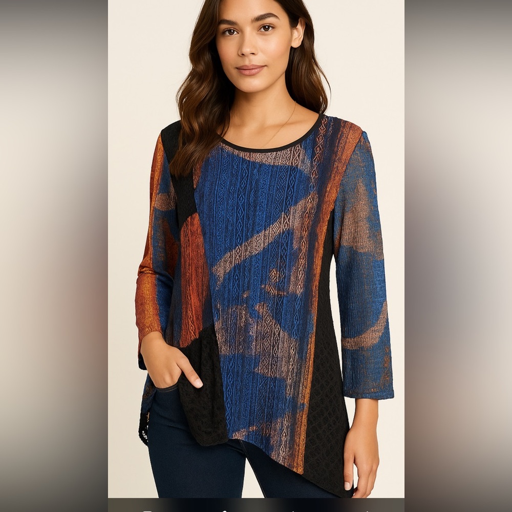 NWT RO Mixed Media Boho Patchwork Lace Tunic Top L